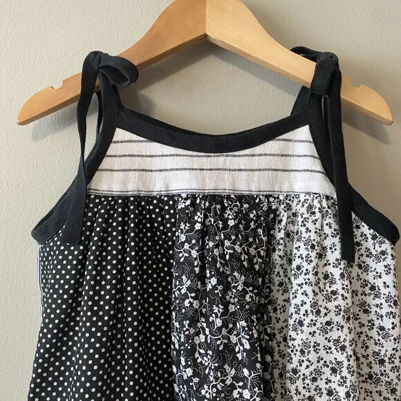 Handmade Children's Cotton Linen Black White Mixed Pattern Tie Strap Dress - Picture 5 of 13